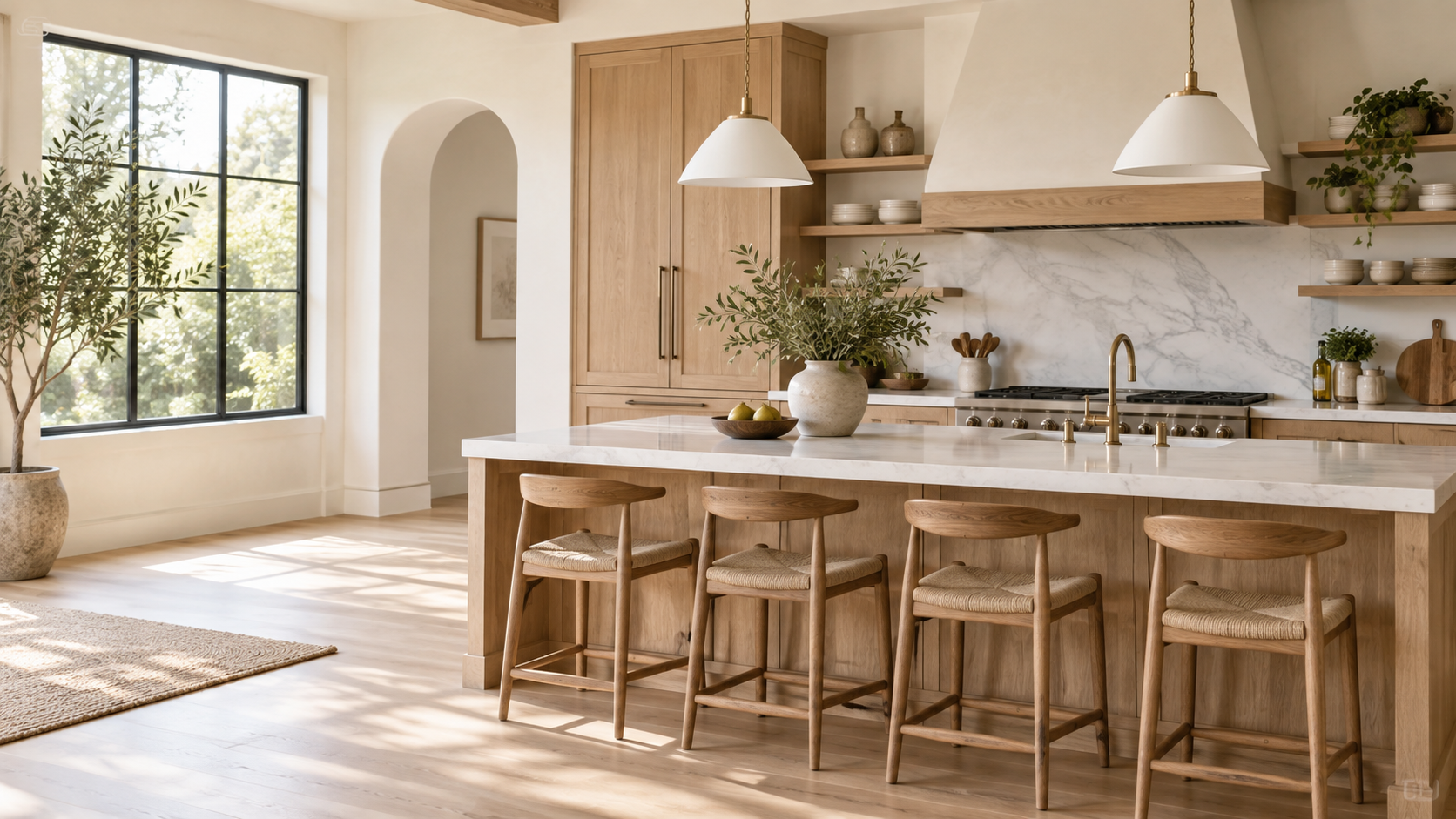 Sunlit kitchen counter with everyday coffee and cooking tools